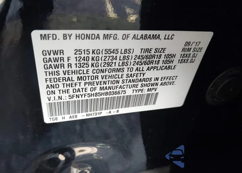 2017 Honda Pilot Ex-L z USA, uszkodzony, nr VIN 5FNYF5H85HB036675